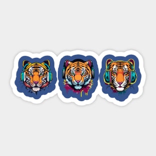 t-shirt design, colorful tiger with headphones on, graffiti art Sticker